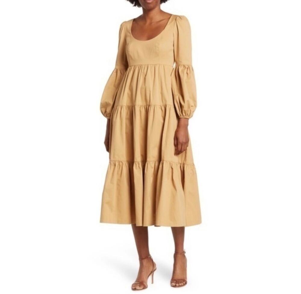 Cinq a Sept Dress Size 2 Tan Beige Tiered Maxi Balloon Sleeve Boho